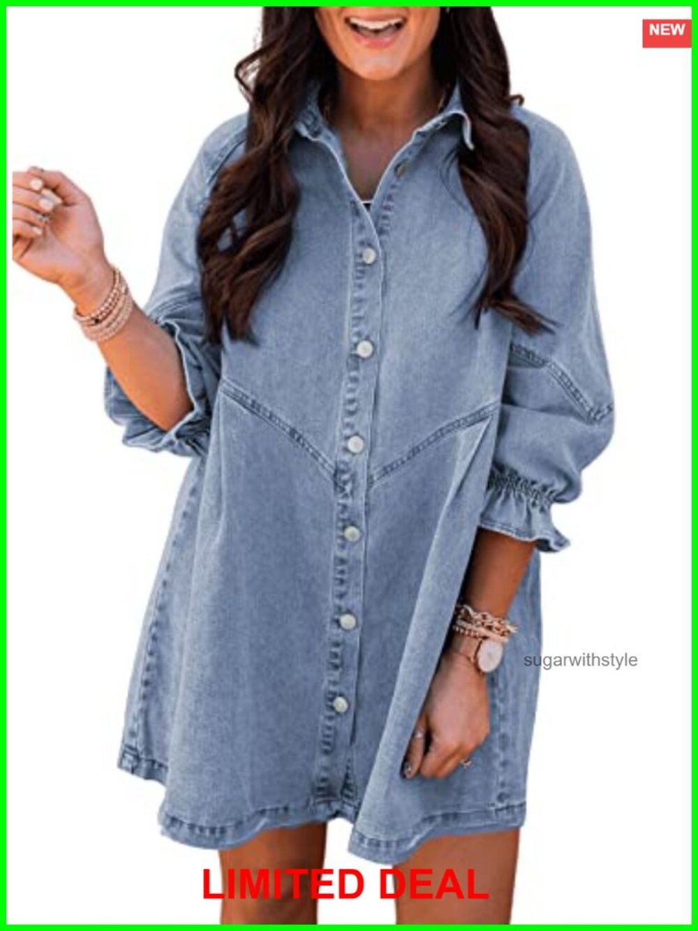 Sidefeel Womens Smocked 3/4 Sleeve Button Down Denim Mini Dress
